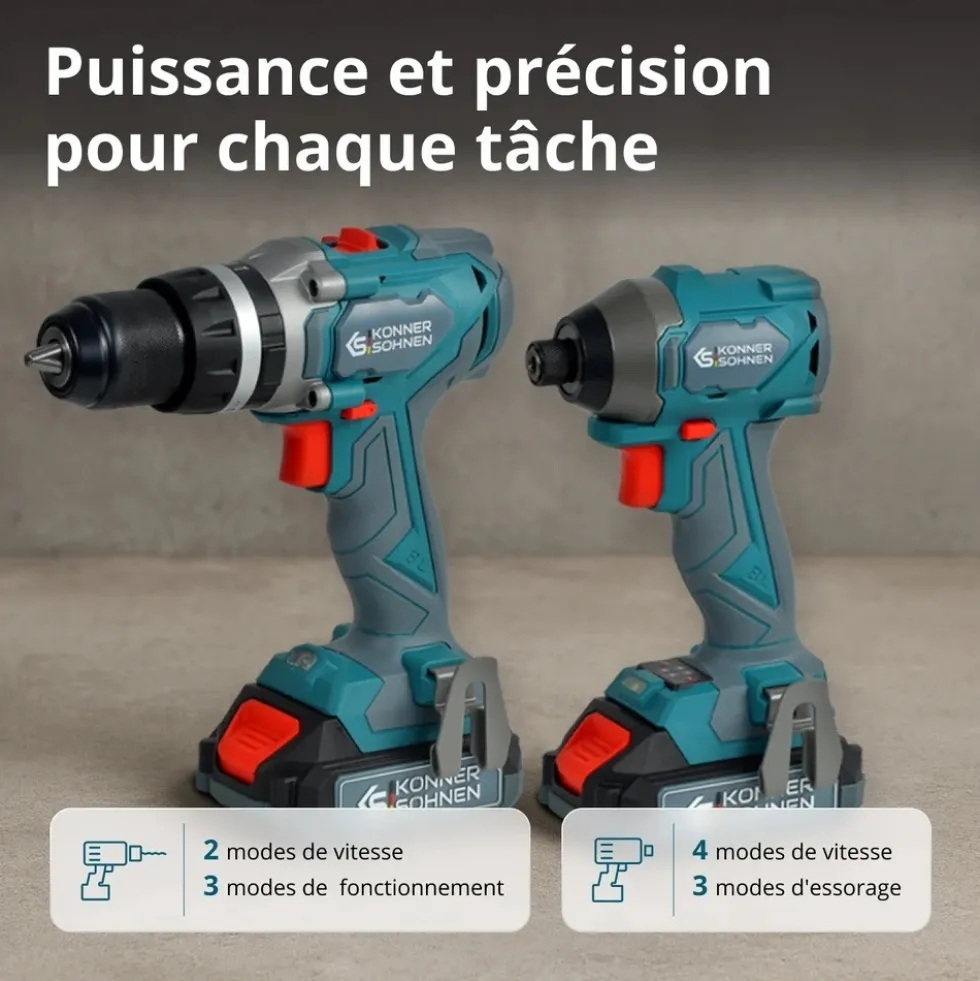 Pack perceuse-visseuse à percussion et visseuse à chocs 20V - Batterie 4Ah et 2Ah - KS IDISD 20V KONNER & SOHNEN