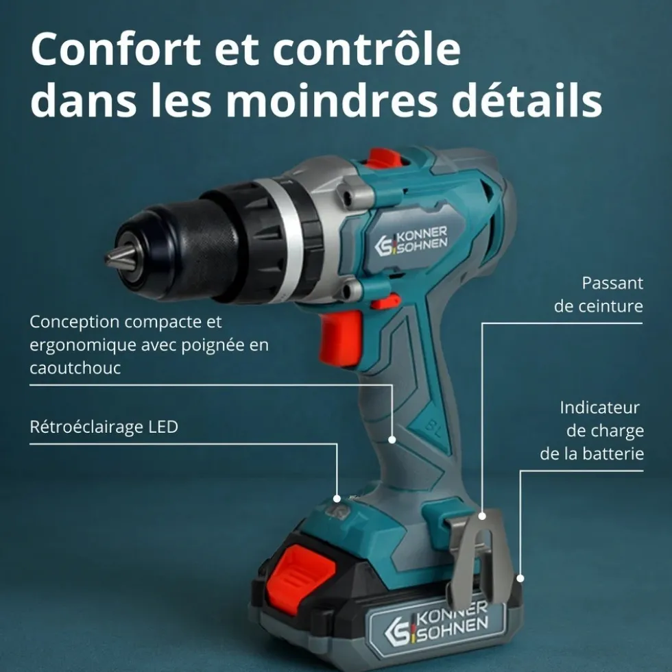 Pack perceuse-visseuse à percussion et visseuse à chocs 20V - Batterie 4Ah et 2Ah - KS IDISD 20V KONNER & SOHNEN