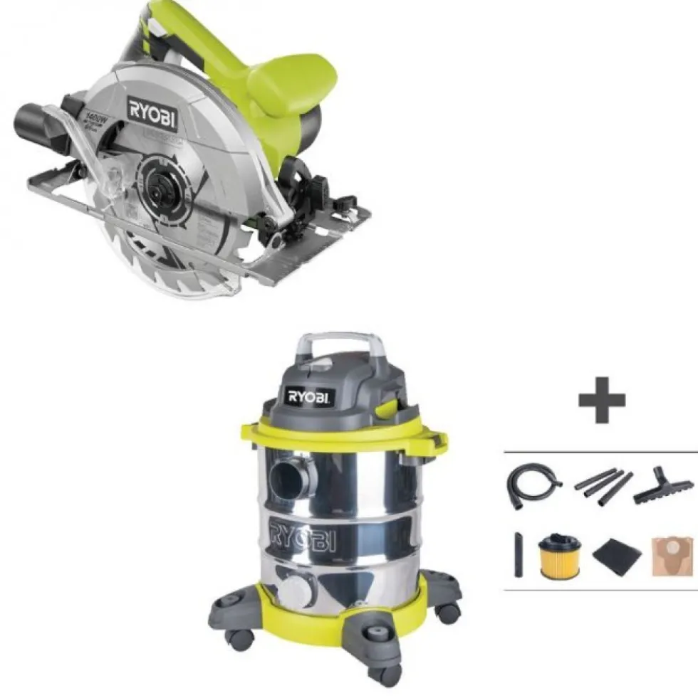 Pack scie circulaire filaire 1400W RCS1400-G + aspirateur eau et poussières 1250W RVC-1220I-G RYOBI