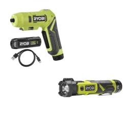 Pack tournevis électrique 4V RSDP4-120G + lampe torche RLP4-0 + batterie 4V 2,0Ah et 2 embouts de vissage RYOBI