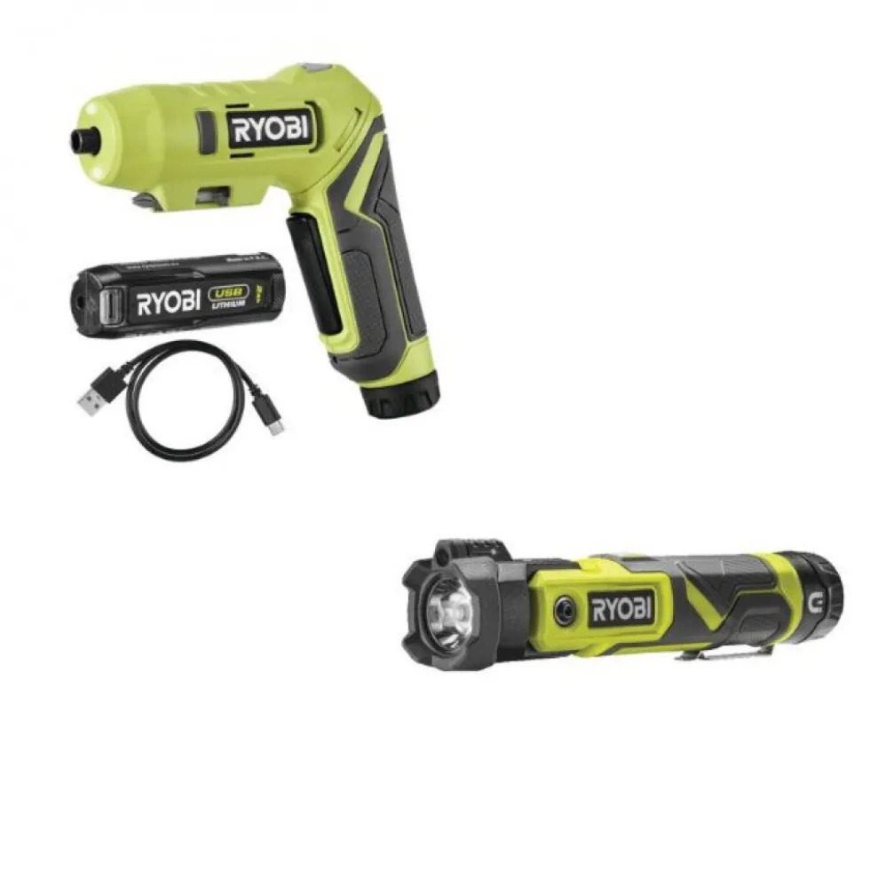 Pack tournevis électrique 4V RSDP4-120G + lampe torche RLP4-0 + batterie 4V 2,0Ah et 2 embouts de vissage RYOBI