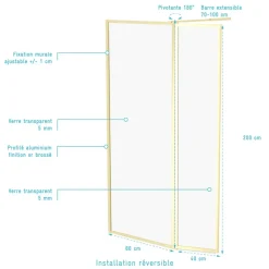 Paroi de douche fixe + volet or brossé - verre transparent - Golden Edge AURLANE