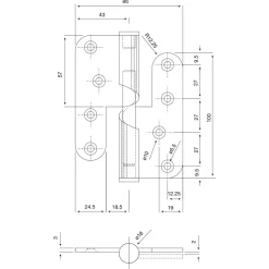 Paumelle à hélice - menuiserie bois - inox - montante - 100x86 mm ARGENTA