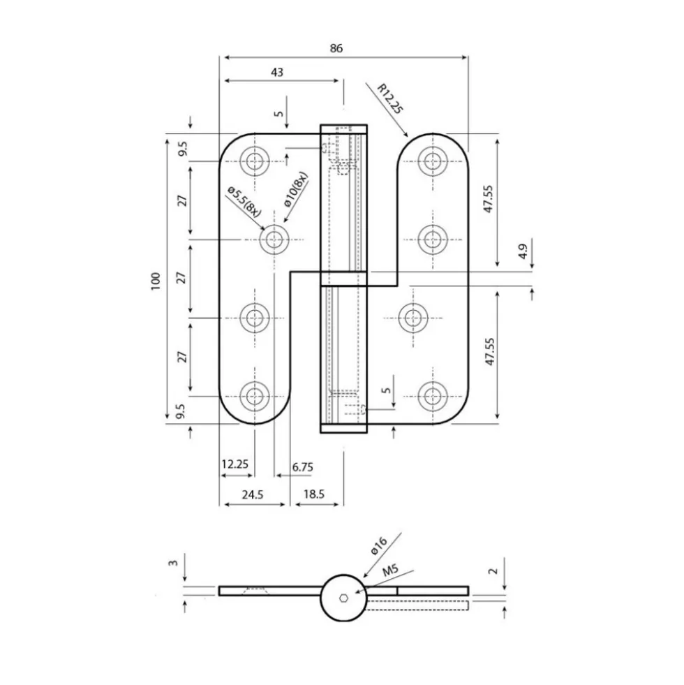 Paumelle à lame ouverte - menuiserie bois - inox brossé - 100x86 mm ARGENTA
