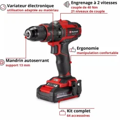 Perceuse à percussion sans fil TE-CD 18/40 Li-i (1x2,0Ah) + 64 accessoires - Power X-Change EINHELL