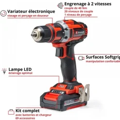Perceuse visseuse sans fil TE-CD 18/40 Li (2x2,0 Ah) + 69 accessoires - Power X Change EINHELL