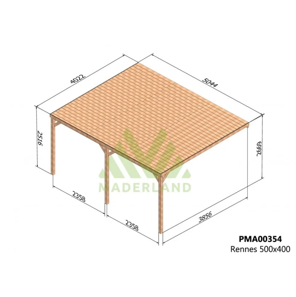 Pergola adossée couverte bois Rennes 5 x 4m - PMA00354 MADERLAND