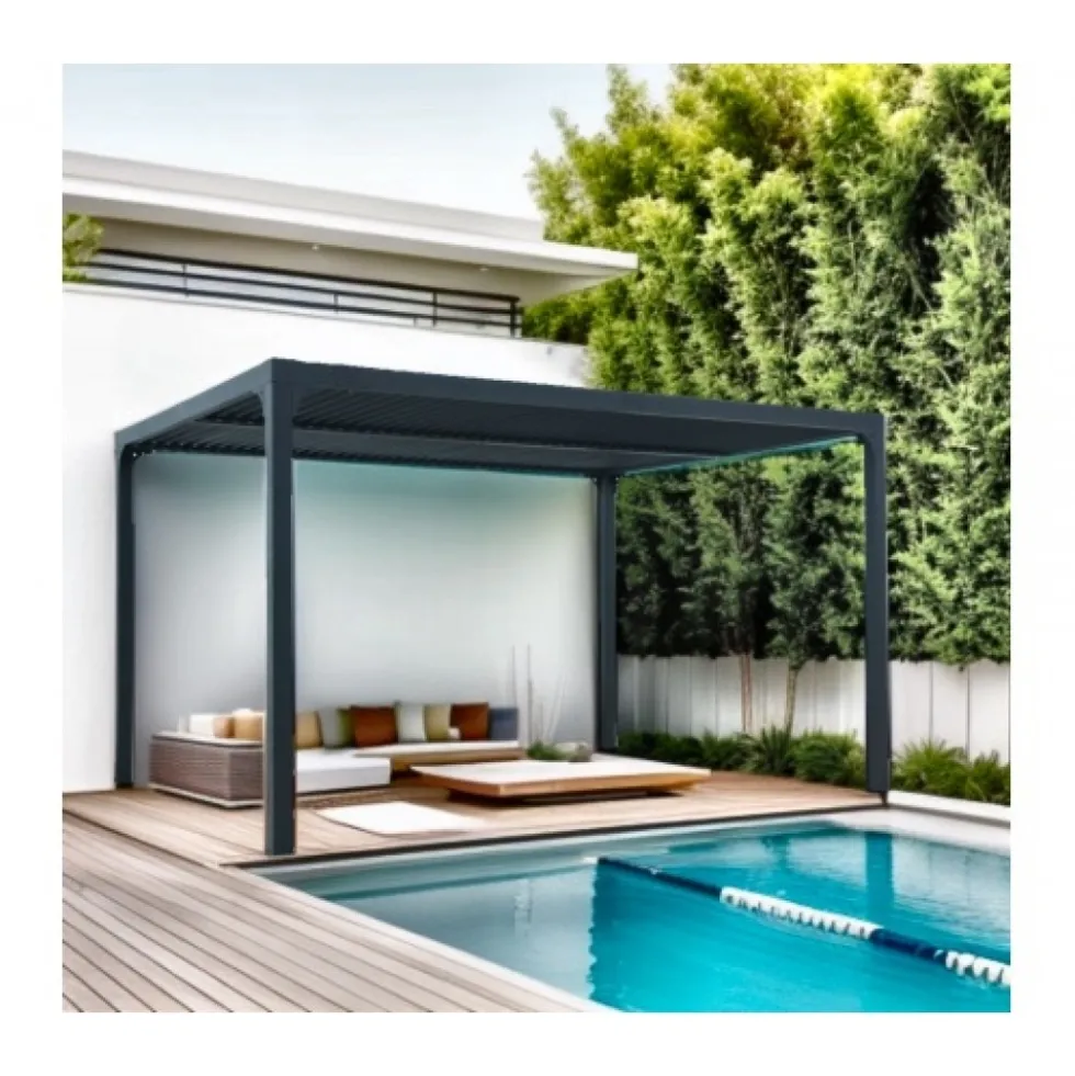 Pergola bioclimatique alu gris avec ventelles latérales - 3,60x3,00 m - 10,80 m2 HABRITA