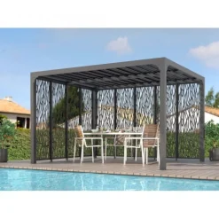 Pergola bioclimatique avec 9 panneaux moucharabieh alu gris - 3,60x3,00 m - 10,80 m2 HABRITA