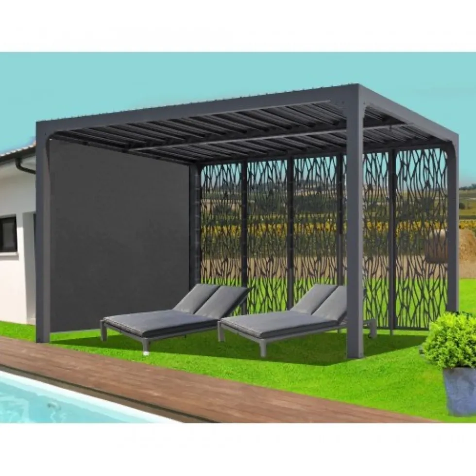 Pergola bioclimatique avec ventelles latérales alu gris - 3,60x3,00 - 10,80 m2 HABRITA