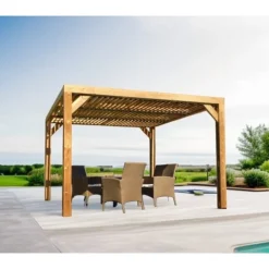 Pergola bioclimatique en bois THERMAUVENT - ventelles mobiles - 3,10x3,40 m - 10,5 m2 HABRITA