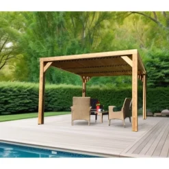 Pergola bioclimatique en bois THERMAUVENT - ventelles mobiles - 3,10x3,40 m - 10,5 m2 HABRITA