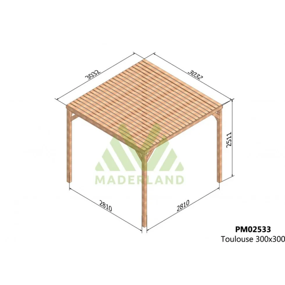 Pergola semi-couverte autoportante bois Toulouse 3 x 3 m - PM02533 MADERLAND