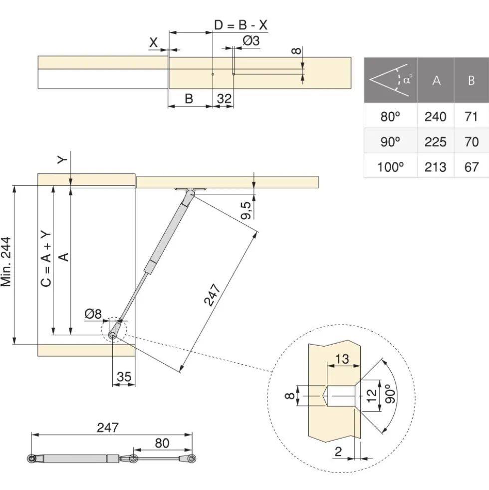 Piston diamètre 12 Thin avec fixations pour porte relevable -course 80 EMUCA
