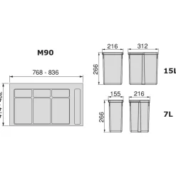 Poubelle de tri-sélectif - 2x15 L + 2x7 L - avec base - Recycle EMUCA