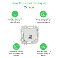 Prise RJ45 Cat.6A STP grade 3TV - Blanc craie - Odace II SCHNEIDER