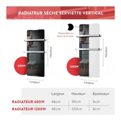 Radiateur sèche-serviettes blanc 1200W 120 cm avec barres amovibles CHEMIN' ARTE
