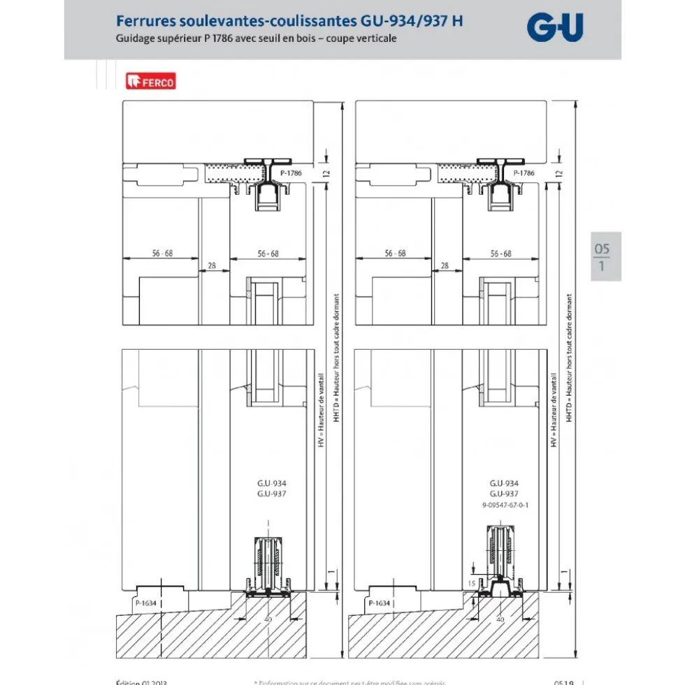 Rail de roulement P 432 pour ferrures coulissantes levantes GU937 FERCO