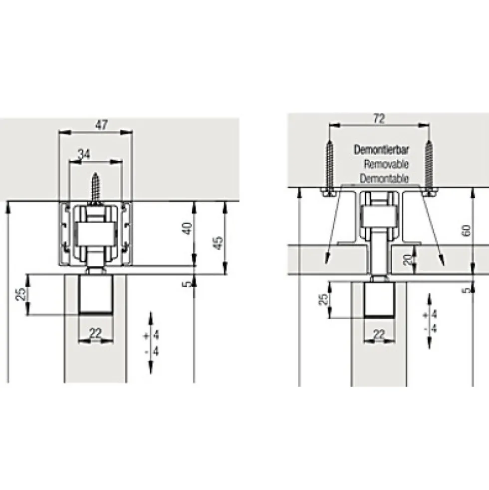 Rail porte coulissante - fixation plafond + bandeau - Junior 80/100 HAWA