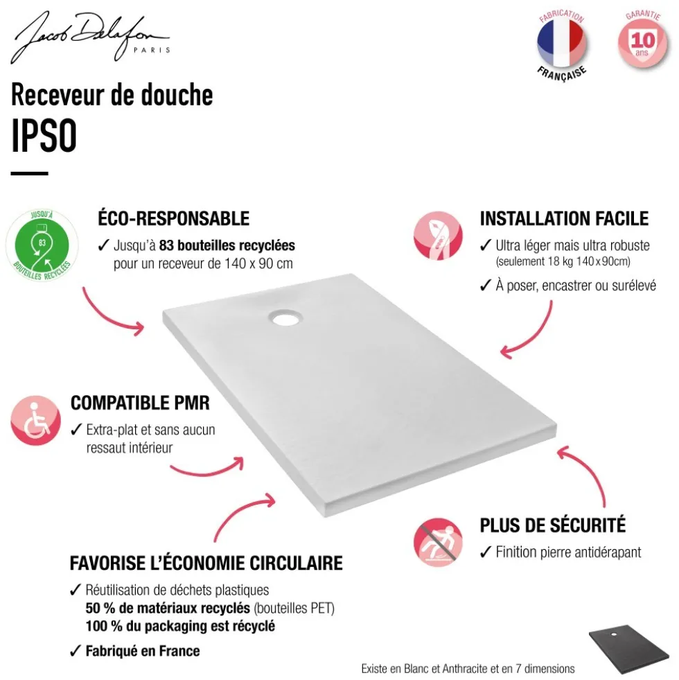 Receveur de douche extraplat antidérapant 140x80cm - texturé pierre blanc mat - Ipso JACOB DELAFON