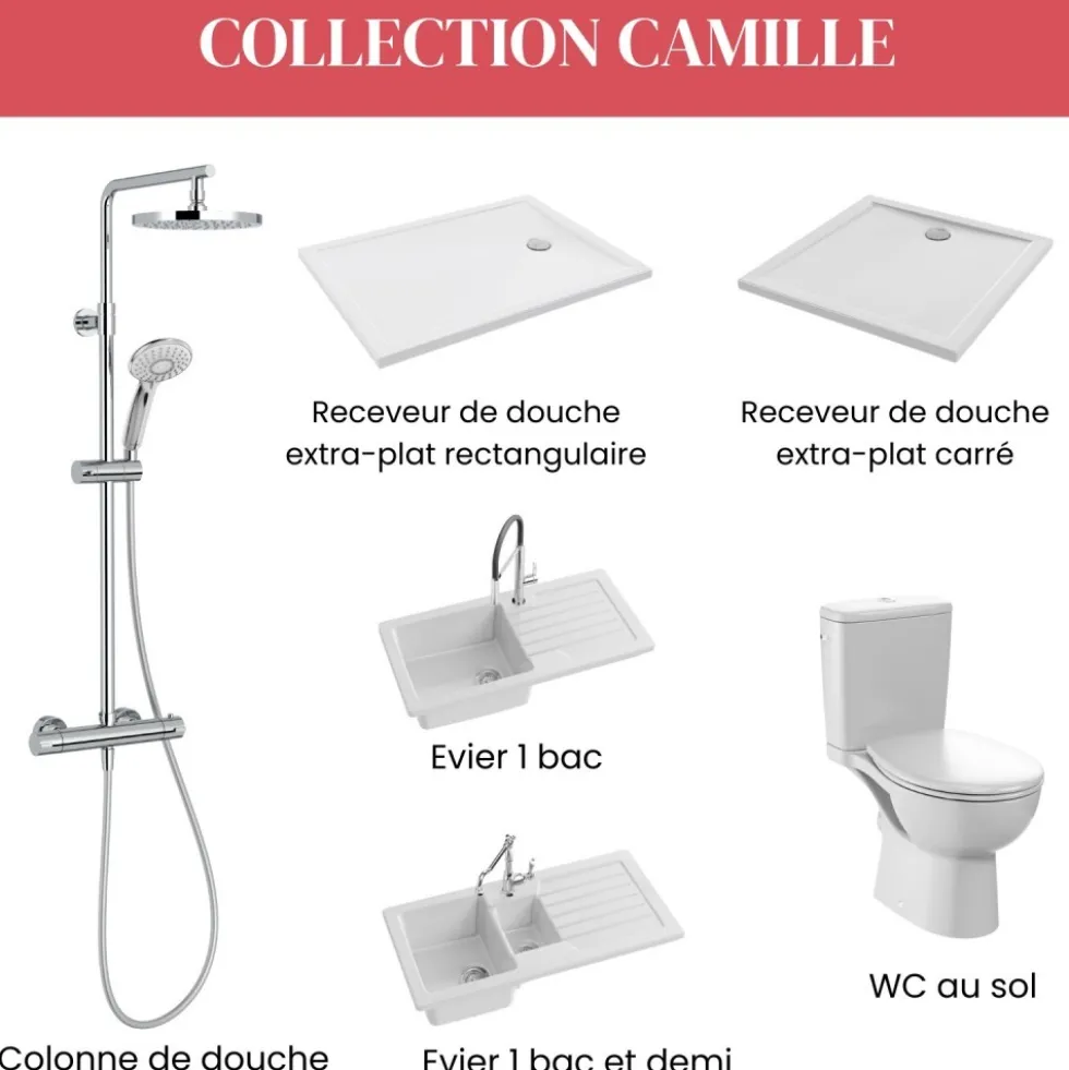 Receveur de douche extra-plat 90x90cm en céramique - blanc - Camille JACOB DELAFON