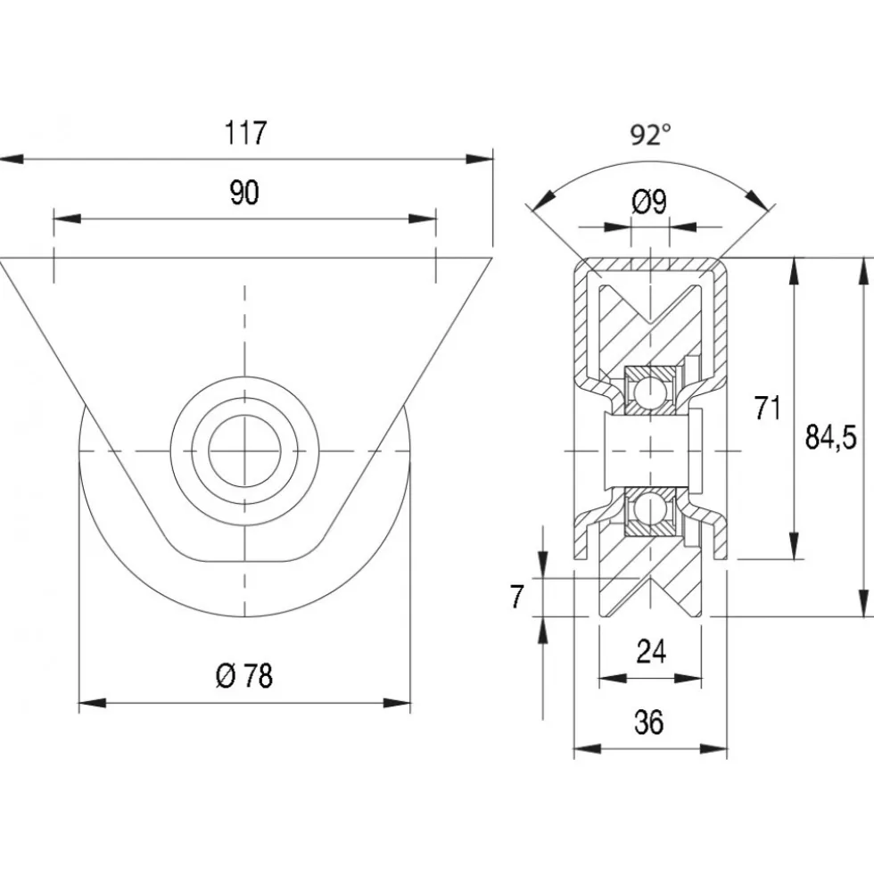 Roue à gorge triangulaire 325 V - support extérieur - roulement à billes COMUNELLO
