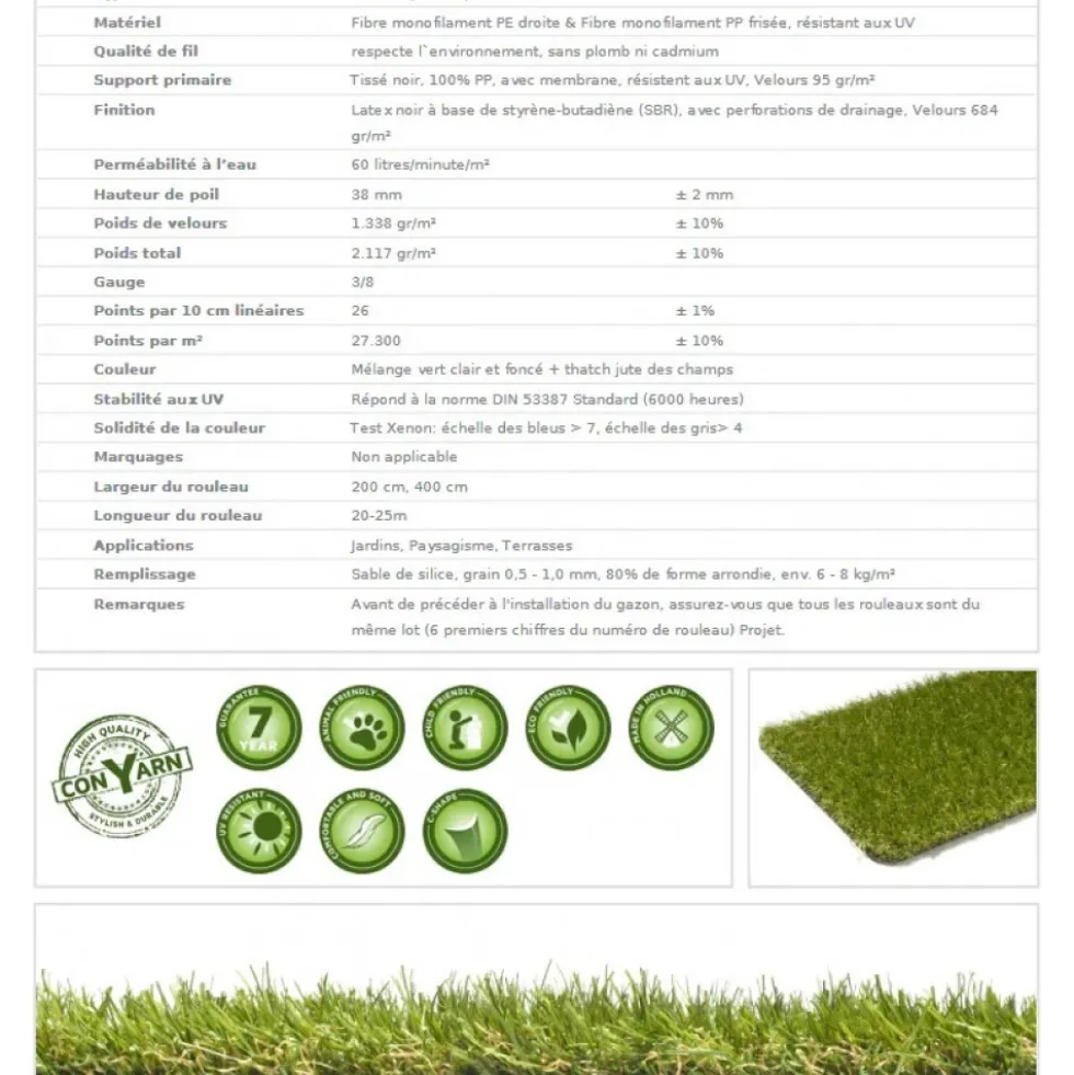 Rouleau de gazon synthétique - 4 x 25 m - hauteur 40 mm JET7GARDEN