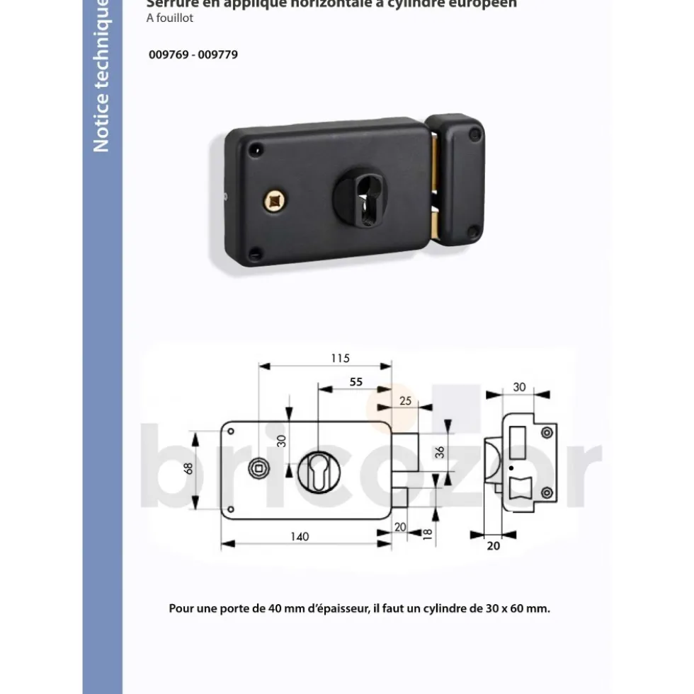 Serrure de portail en applique horizontale - cylindre européen FTH THIRARD