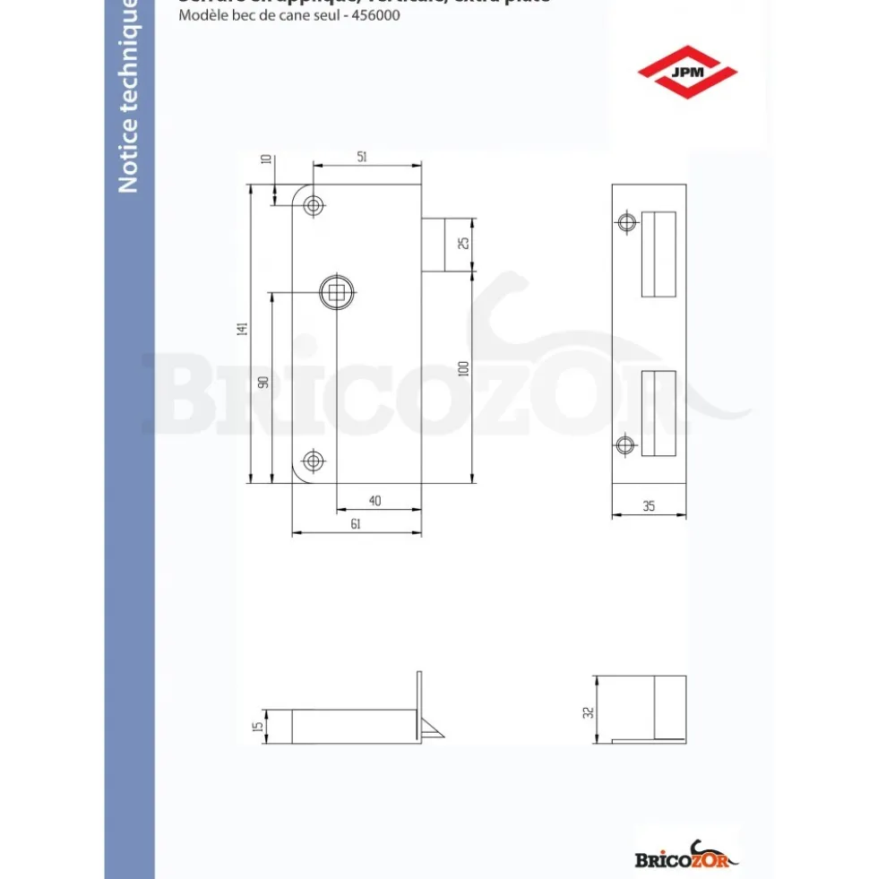 Serrure en applique verticale avec gâche - extra plate - bec-de-cane JPM