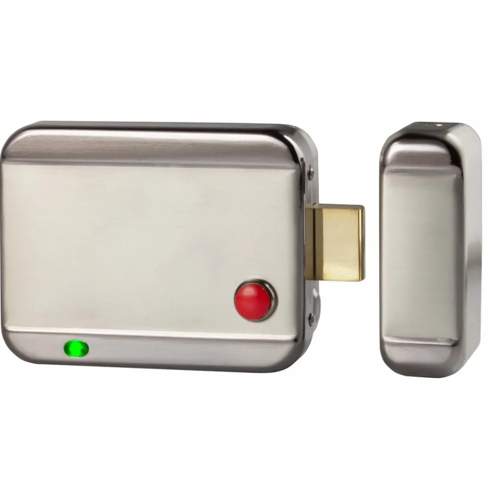 Serrure électrique en applique avec plaque nue à rupture - réversible Izyx
