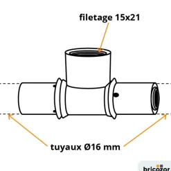Té à sertir PER diamètre 16 mm avec sortie au centre à visser F15x21 BRICOZOR