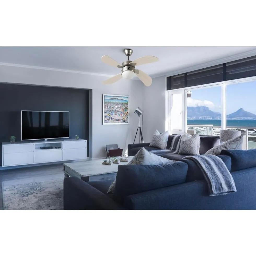 Ventilateur de plafond avec éclairage - 4 pales en bois - Bermudes FARELEK