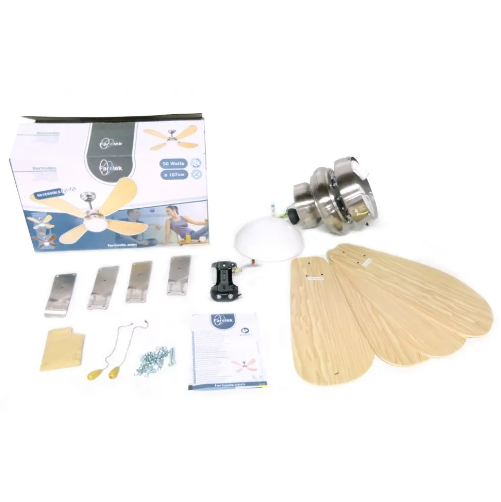 Ventilateur de plafond avec éclairage - 4 pales en bois - Bermudes FARELEK