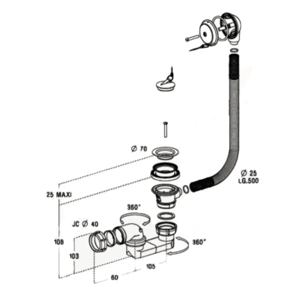 Vidage de baignoire à chaînette avec siphon orientable NICOLL